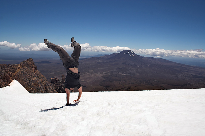 Handstand on snow at Mt Ruapehu, New Zealand.